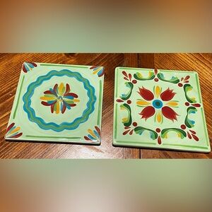 Southern Living Gail Pittman Hand-Painted Trivets Tiles Green Provence Set of 2